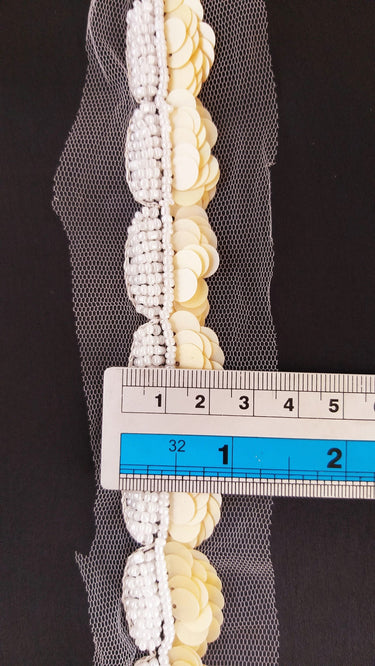 White Net Lace With Beige Sequins and Off White Beads, Scallop Trim, Exclusive Laces